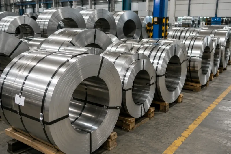 Packaged stainless steel slit coils secured with steel straps after slitting