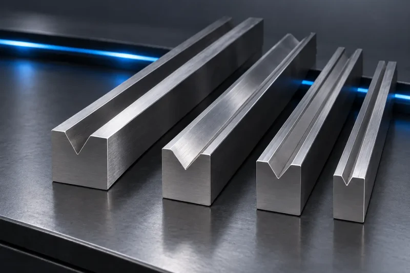 V-dies for sheet metal bending with different V-opening sizes in a press brake workshop