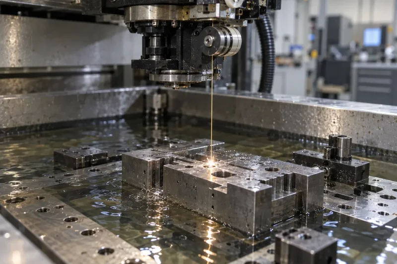 Wire EDM machining process with electrical discharge cutting metal
